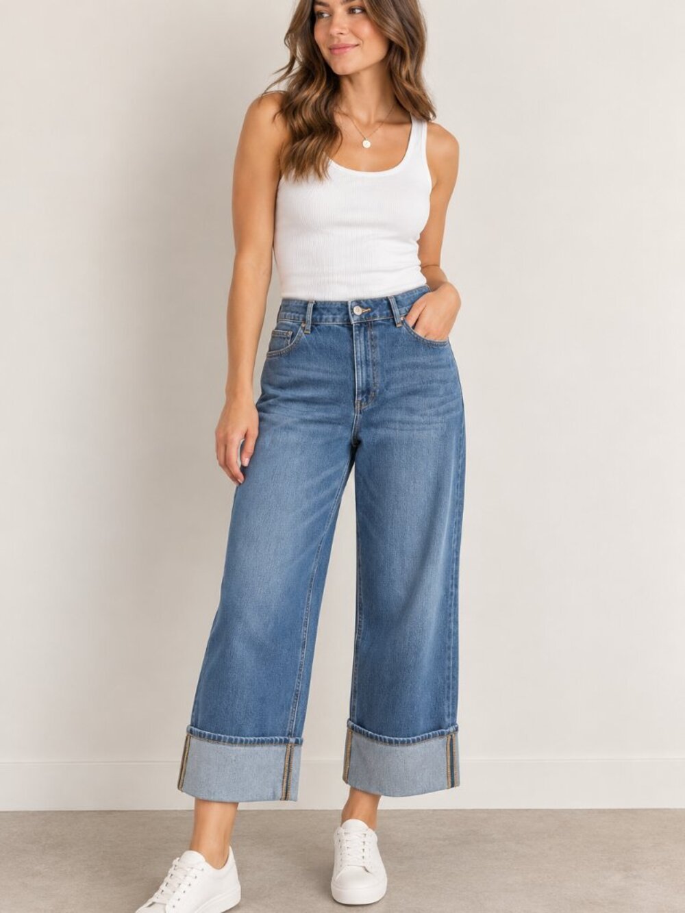 Halara Medium Wash High Rise Wide Leg Cuffed Jeans Size L Stretch Denim